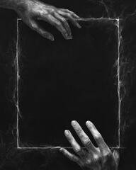 Poster - Two hands reaching towards a dark rectangular frame in a textured black and white illustration