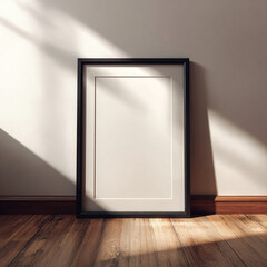 Poster - A framed blank canvas leaning against a wall with sunlight casting shadows on the wall and wooden floor
