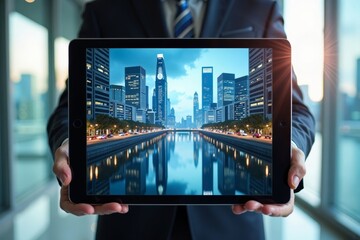 Poster - Businessperson Using Tablet to Reflect Futuristic Cityscape