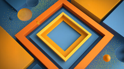 Poster - Abstract background with concentric square frames and spheres in shades of blue and orange color palette