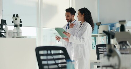 Poster - Collaboration, scientist and people with tablet, lab and discussion for medical research and online. Healthcare, man and woman with tech for data analysis, pharmaceutical and teamwork in clinic