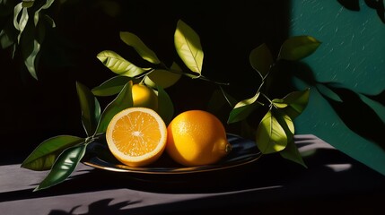 Poster - Fresh lemons and vibrant green leaves create a stunning still life on a sunlit table