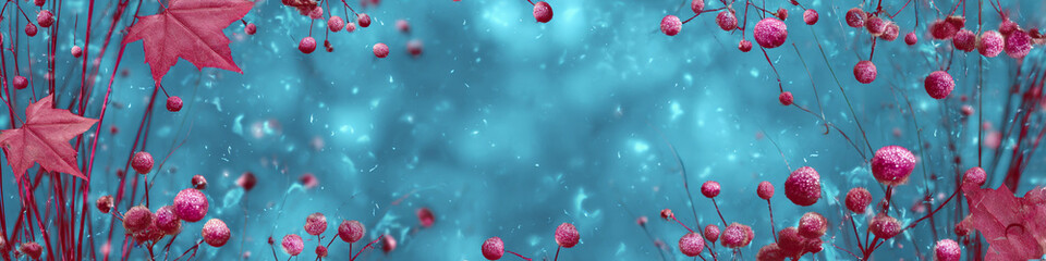 Poster - A dreamy scene of pink leaves and berries against a blurred blue background with light sparkles