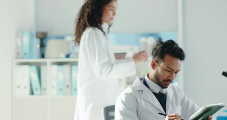 Aufkleber - Microscope, tablet and team of scientists in laboratory for medical research on DNA innovation. Technology, people and biologists with science discovery, project or analysis for RNA development.