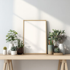 Poster - Blank frame on a wooden table with various potted plants against a white wall in natural sunlight