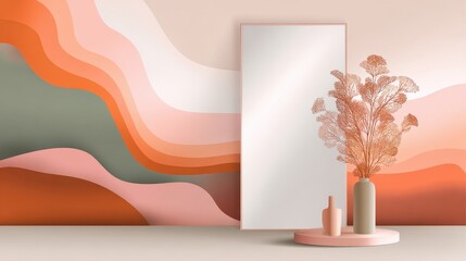 Poster - Modern interior design featuring a mirror and vases against a colorful abstract wall backdrop