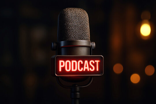 A microphone with the word podcast written on it. The microphone is lit up in red. Concept of recording or broadcasting audio content