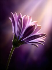 Poster - Close-up of a vibrant purple flower illuminated by soft light against a dark background