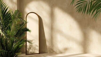 Poster - Serene interior scene featuring an arched mirror against a textured wall with lush greenery