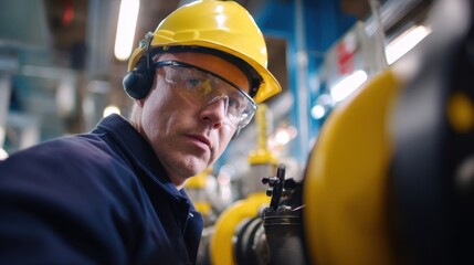 Poster - Industrial worker in safety gear inspecting machinery in a factory setting with equipment