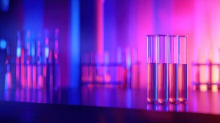 Poster - Colorful laboratory scene with test tubes in focus, vibrant lighting creating a dynamic atmosphere