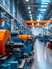 Poster - Brightly lit industrial workshop showcasing advanced machinery with orange accents and equipment