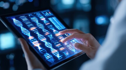 Poster - Scientist analyzing DNA sequences on a tablet in a high-tech laboratory environment