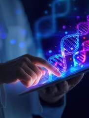 Poster - Scientist interacting with a digital DNA strand on a tablet in a high-tech lab environment