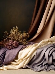 Poster - Elegant drapery of soft fabrics in muted tones with dried flowers arranged artistically
