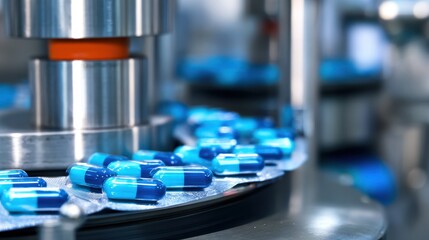 Poster - Close-up view of blue capsules on a production line in a pharmaceutical factory, showcasing manufacturing