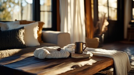 Poster - Cozy modern interior with warm sunlight illuminating a resting space featuring a coffee mug and soft textiles