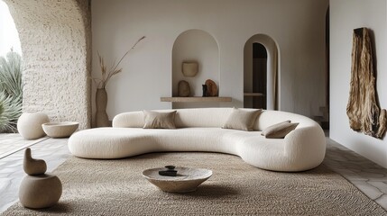 Poster - Modern living room featuring a curved white sofa and natural decor in a minimalistic setting