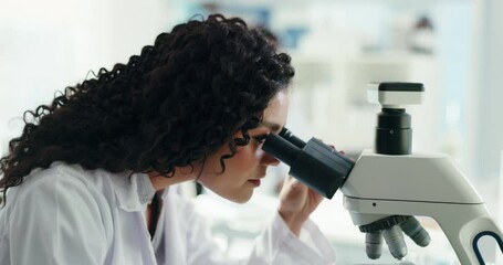 Aufkleber - Microscope, woman and scientist in laboratory for analysis of medical DNA stems for pharmaceuticals. Biotechnology, research and female microbiologist with equipment for RNA development or discovery.