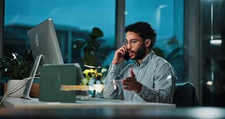 Aufkleber - Businessman, night or computer with phone call for negotiation proposal or project deadline. Man, employee or financial advisor working late on mobile smartphone for budget discussion or conversation