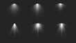 © Quede Stock - Realistic white spotlight beam set, stage lighting vector, soft glowing light effect, transparent isolated design element, overhead illumination, bright spot highlight for compositions