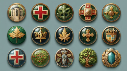 Poster - Green game buttons, achievement badges with golden frames. Vector cartoon set of round icons with gold border in medieval style, circle award labels isolated on background