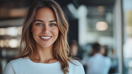 Aufkleber - Smiling confident business leader in a modern office setting exuding professionalism and warmth