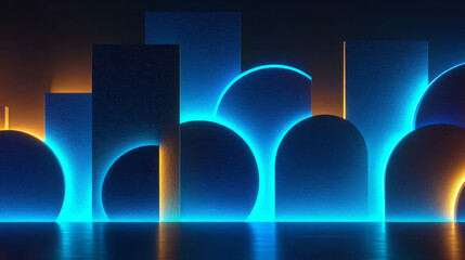 Poster - Neon light frames set with glowing blue borders on transparent background. Glass effect geometric shapes - rounded rectangle, circle with luminous edges. Bright frames collection for futuristic design