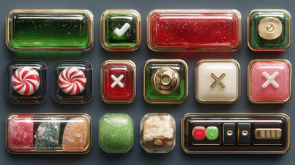 Poster - Glossy game buttons, boards and bars with candy and chocolate texture. Vector cartoon set of sweet game ui elements, menu, play, score buttons, check and cross marks, sliders