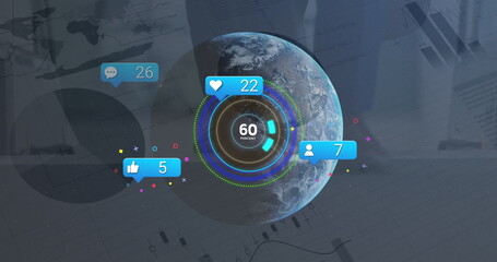 Poster - Image of globe, connections and social media reactions over financial graphs