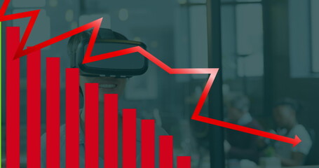 Poster - Image of graphs over happy caucasian woman in vr headset