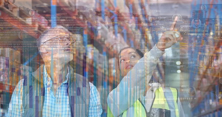 Poster - Image of data processing over diverse male supervisor and female worker working at warehouse