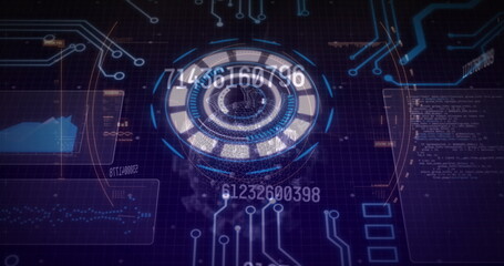 Poster - Image of numbers, data and processing circle on violet background