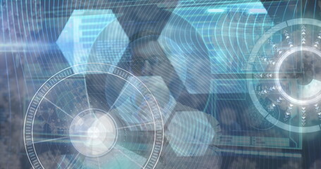 Poster - Image of data processing on digital screen over thoughtful caucasian businessman