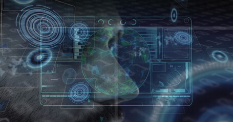 Poster - Projecting holographic panels showcasing 3D Earth globe with hex grid at control center