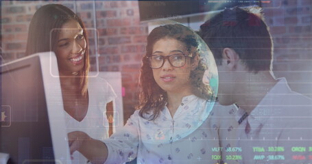 Poster - Image of data processing over diverse business people talking