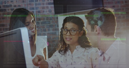 Poster - Image of data processing over diverse business people talking