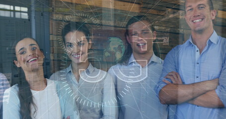Poster - Image of data processing over diverse business people smiling