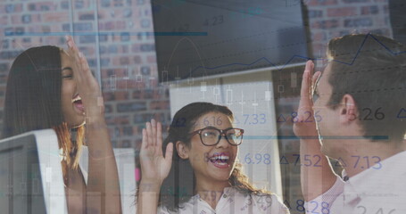 Poster - Image of data processing over diverse business people high fiving