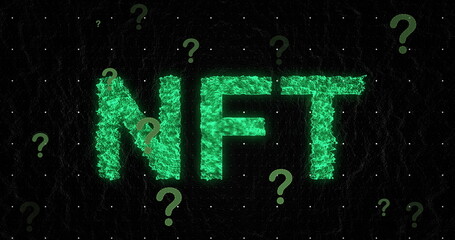 Poster - Image of nft text over question marks on black background