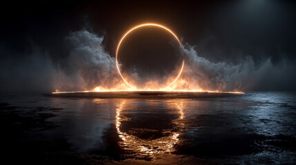 Poster - Neon circular arch frame with smoke over water surface with reflections. Realistic vector illustration of bright ring border with fog. Glowing round magic portal or product presentation template.