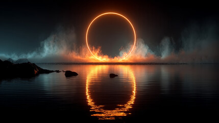 Poster - Neon circular arch frame with smoke over water surface with reflections. Realistic vector illustration of bright ring border with fog. Glowing round magic portal or product presentation template.