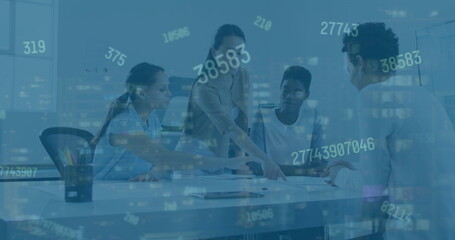 Poster - Image of numbers over diverse female coworkers in office