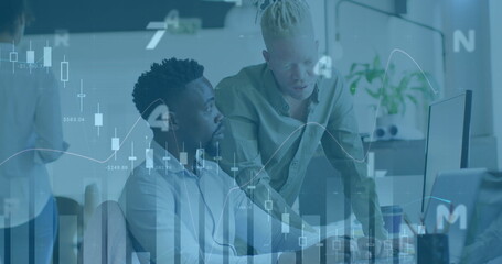 Poster - Image of financial graphs and data over diverse male coworkers in office