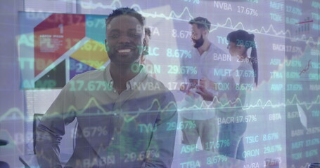 Poster - Image of financial data and graphs over happy afrcian american man in office