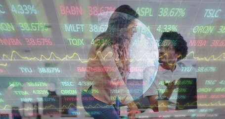 Poster - Image of financial data and graphs over diverse businesspeople in office