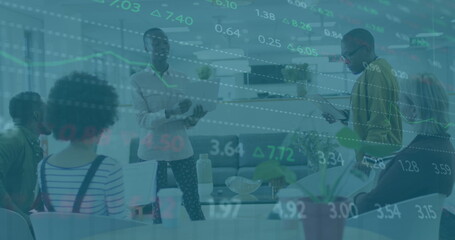 Poster - Image of financial data over diverse coworkers in office