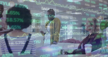 Poster - Image of financial data and graphs over diverse businesspeople in office
