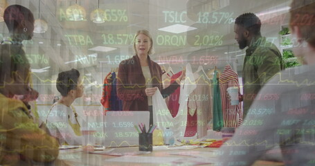 Poster - Image of financial graphs and data over diverse female and male coworkers in office