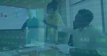 Poster - Image of financial data over diverse coworkers in office